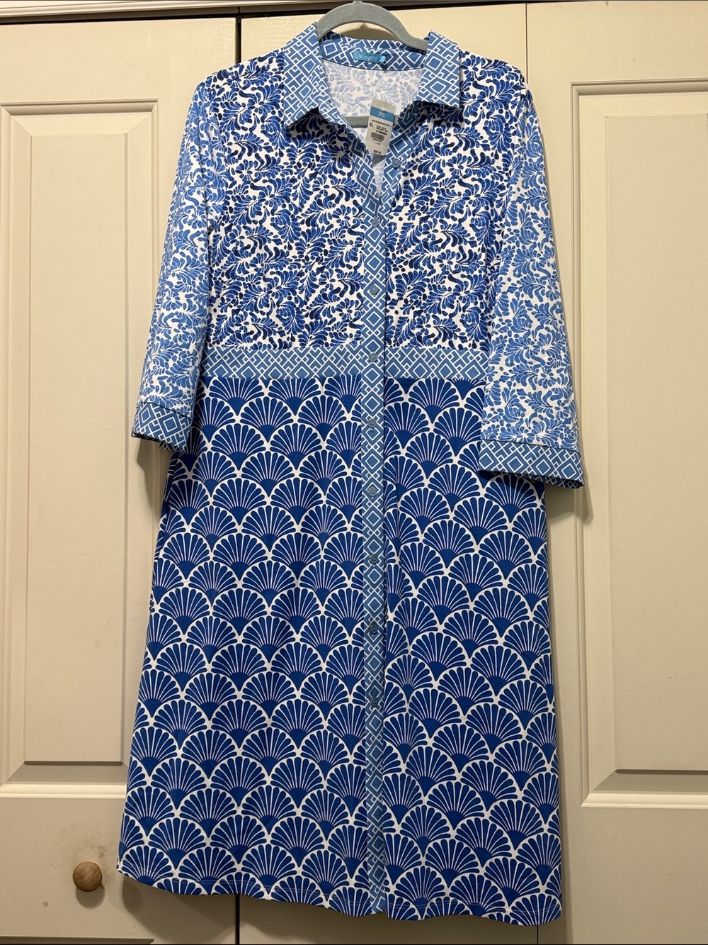 J. McLaughlin Blue & White Geo Print Shirt Dress